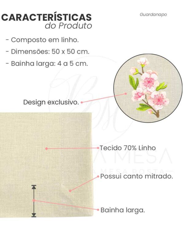Guardanapo Linho Bordado Delicate Flower Bege - 50 cm x 50 cm - Image 5