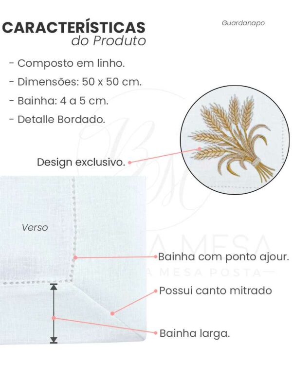 Guardanapo Linho Ponto Ajour Bordado Trigo - 50 x 50 cm - Image 8