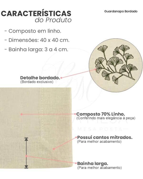 Guardanapo Linho Bege Bordado Folhagem I - 40x40 cm - Image 6