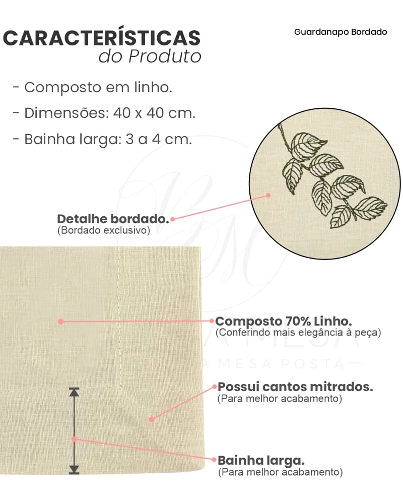 Guardanapo Linho Bege Bordado Folhagem IV