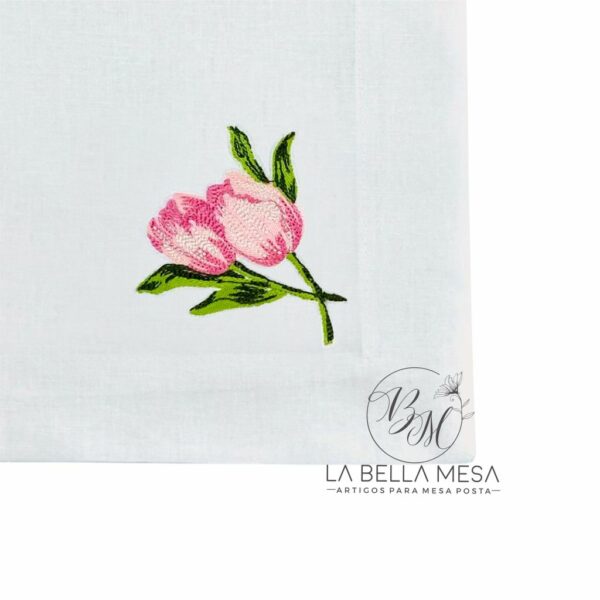 Guardanapo Linho Bordado Tulipas Rosa - 50 cm x 50 cm - Image 6