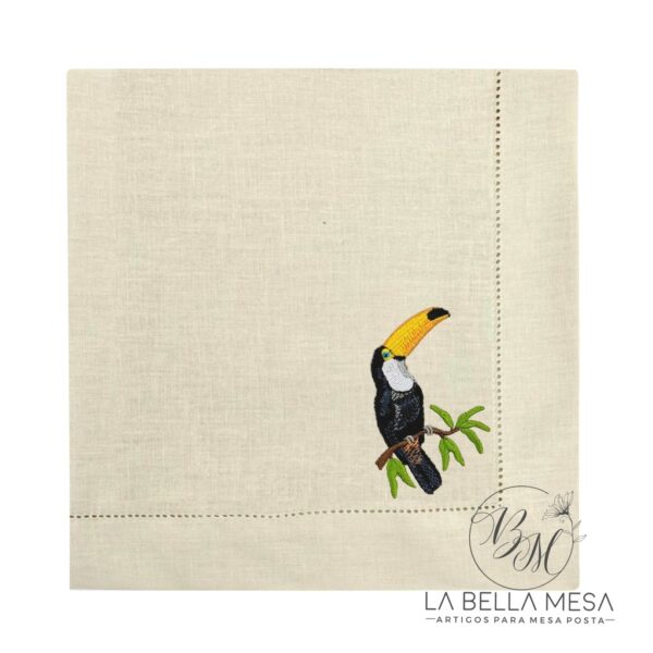Guardanapo Linho Bege Ponto Ajour Bordado Tucano Tropical 50x50 cm - Image 4