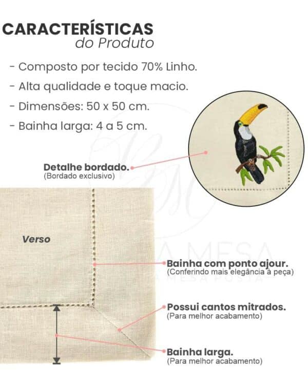 Guardanapo Linho Bege Ponto Ajour Bordado Tucano Tropical 50x50 cm - Image 5