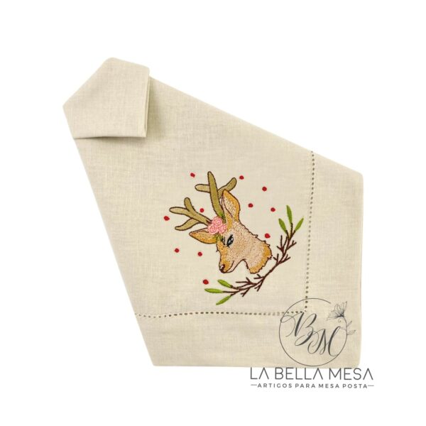 Guardanapo Linho Ponto Ajour Bordado Cute Deers 01 Bege – 50 x 50 cm