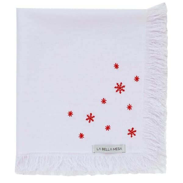 Guardanapo Linho Branco Floco de Neve Vermelho Franja – 45 x 45 cm