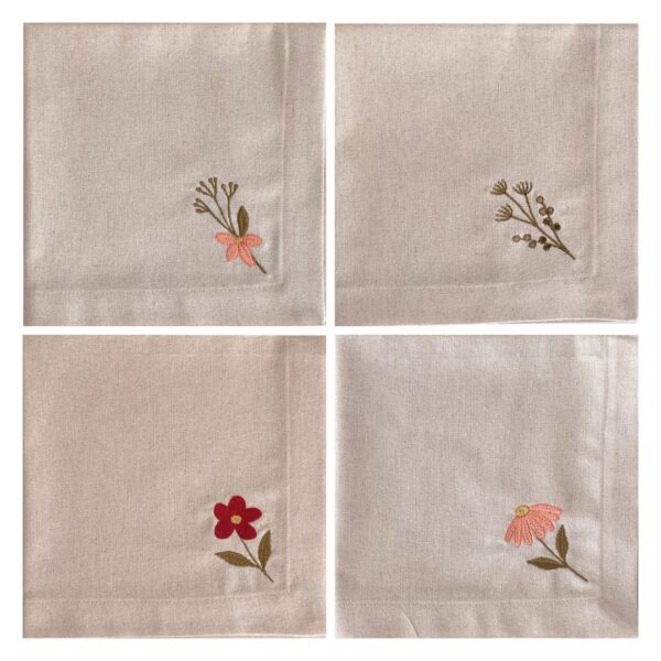 Kit 04 Peças Guardanapo Linho Bordado Floralis  40×40 cm