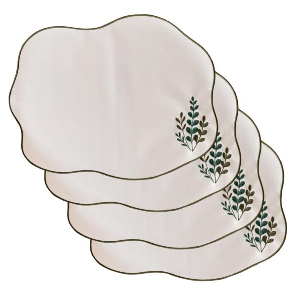 Kit 04 Pçc Jogo Americano Bege Bordado Herbarium Eucalipto
